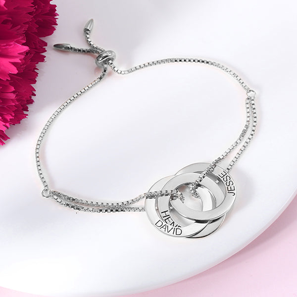 Engraved Interlocking Russian Rings Sterling Silver Bracelet