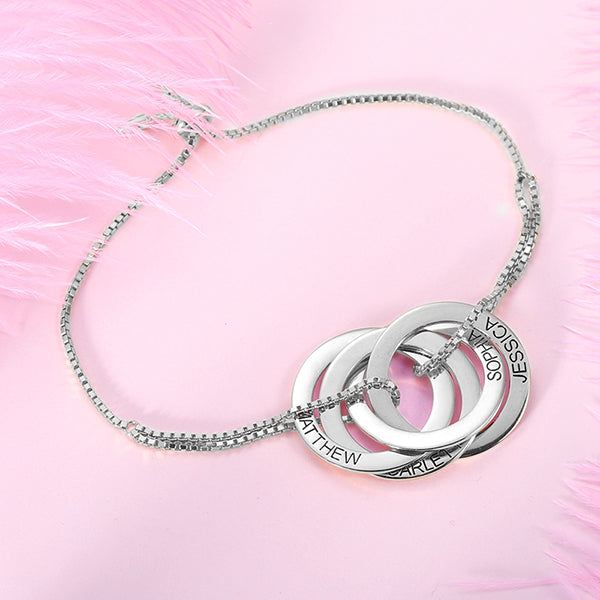 Engraved Interlocking Russian Rings Sterling Silver Bracelet