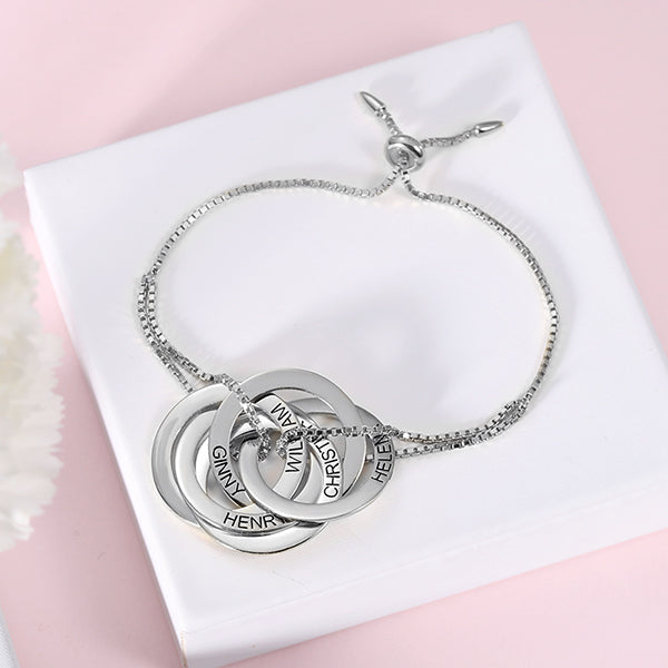 Engraved Interlocking Russian Rings Sterling Silver Bracelet