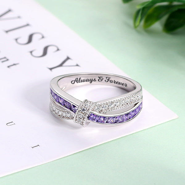Engraved Cross-Over Birthstones Silver Ring