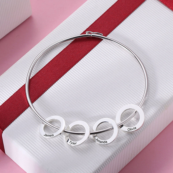 Personalized Silver Bangle Bracelet with Circles Pendant
