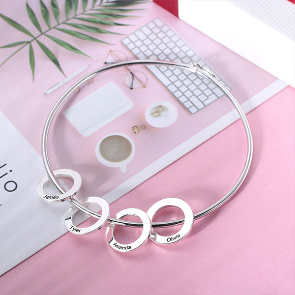 Personalized Silver Bangle Bracelet with Circles Pendant