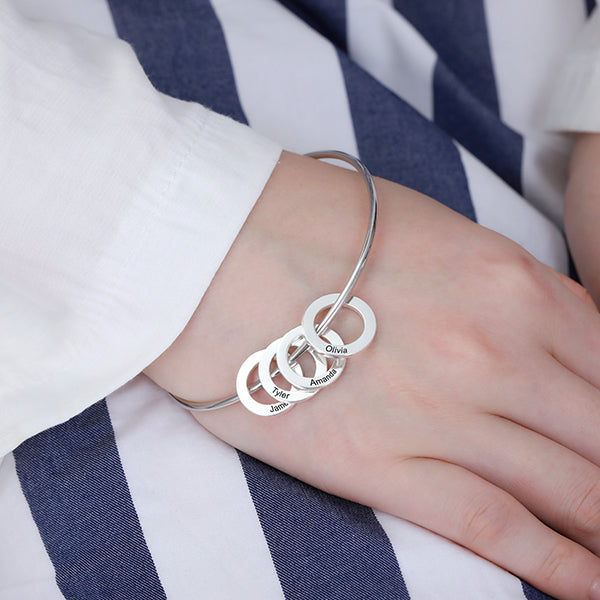 Personalized Silver Bangle Bracelet with Circles Pendant