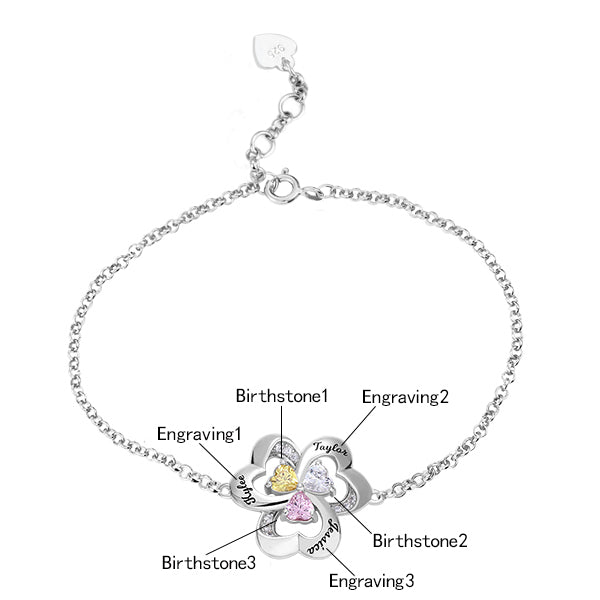 Personalized Three Heart Birthstone Bracelet in Silver