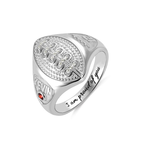 Personalized Silver Football Ring with Engraved Birthstone