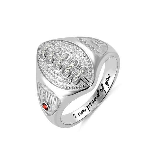 Personalized Silver Football Ring with Engraved Birthstone
