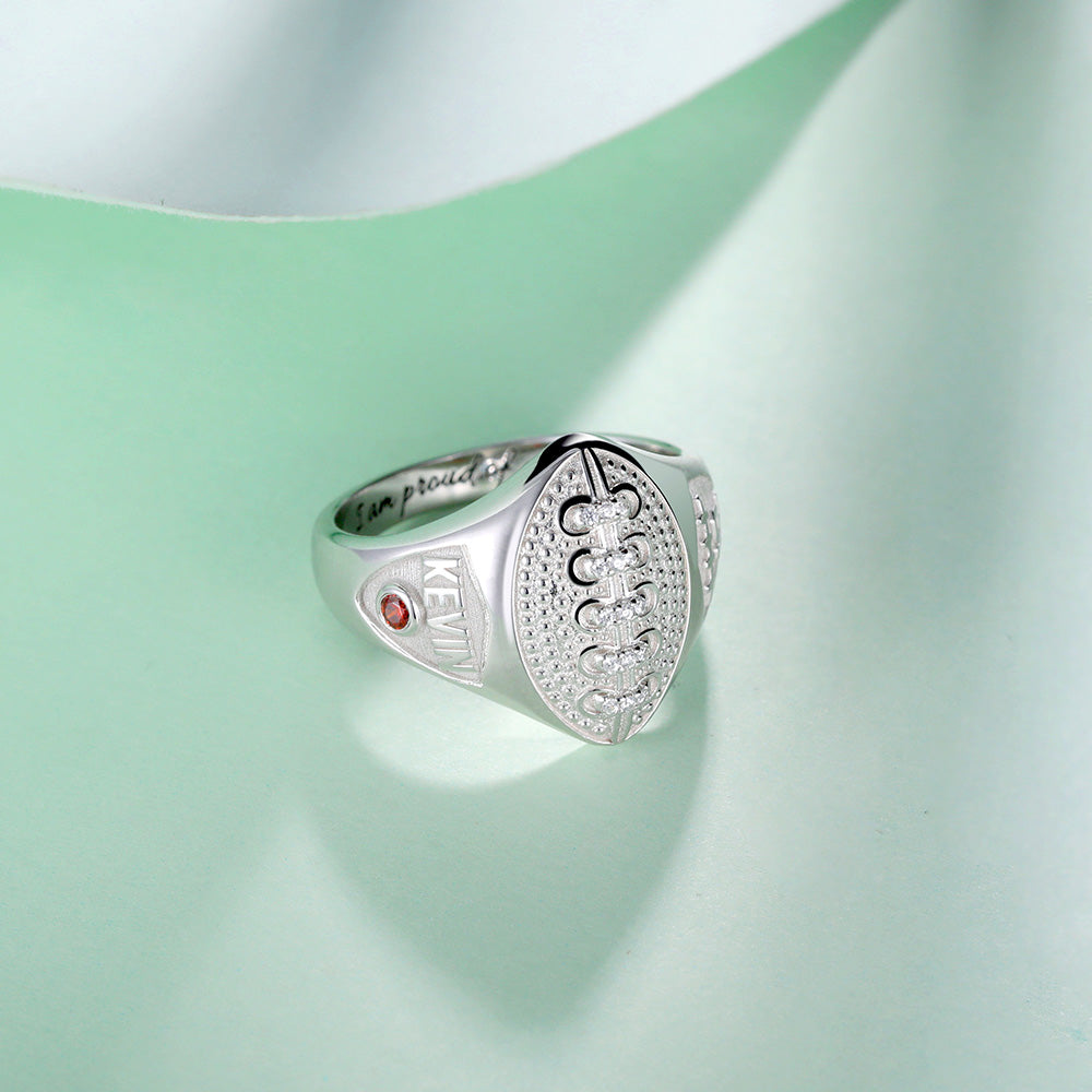 Personalized Silver Football Ring with Engraved Birthstone