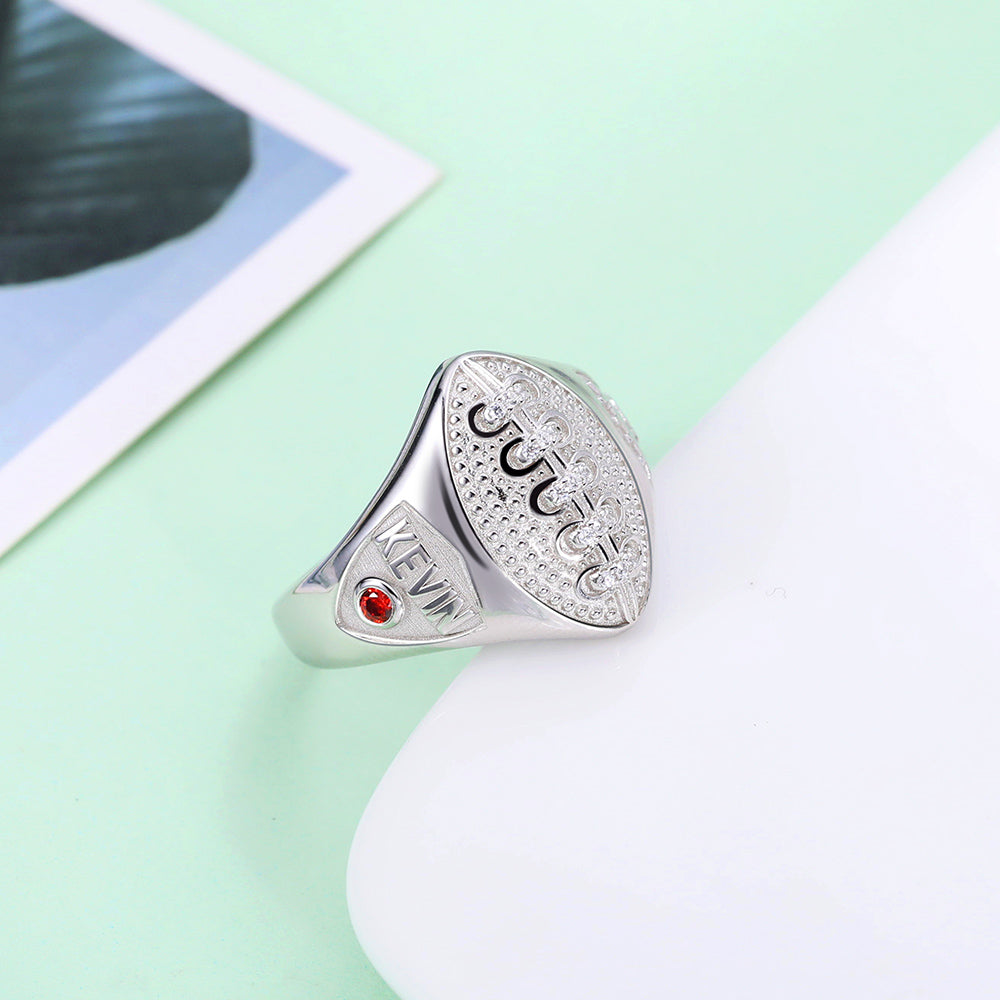 Personalized Silver Football Ring with Engraved Birthstone
