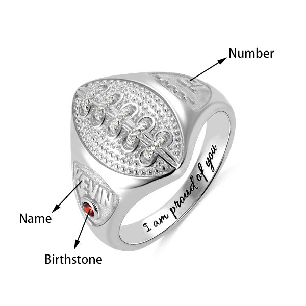 Personalized Silver Football Ring with Engraved Birthstone