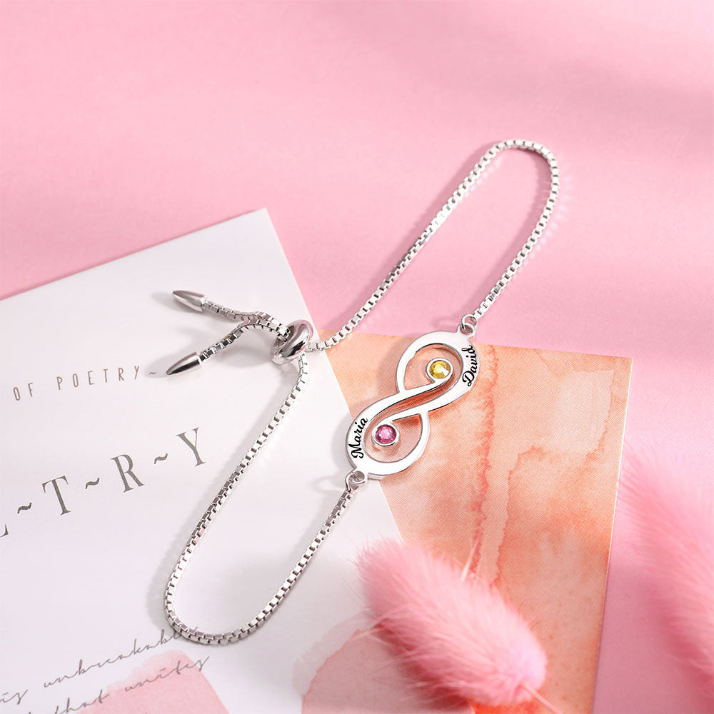 Customized Infinity Name Silver Bracelet with Birthstone