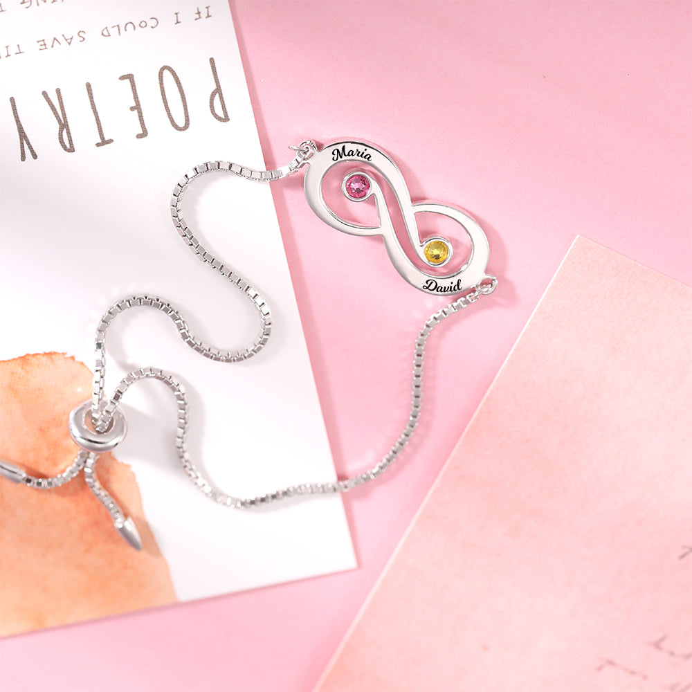 Customized Infinity Name Silver Bracelet with Birthstone