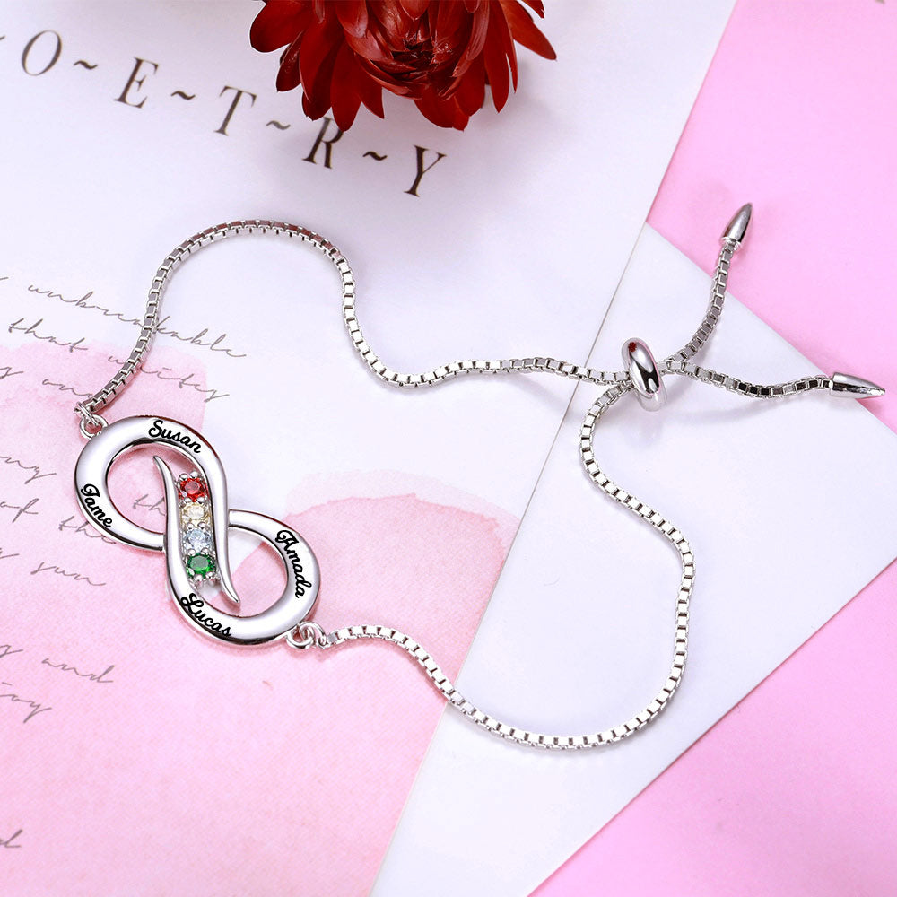 Custom Infinity 4 names Silver Bracelet with Birthstones