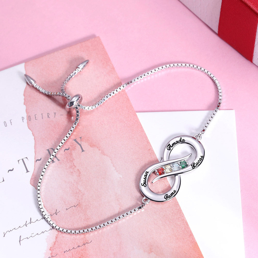 Custom Infinity 4 names Silver Bracelet with Birthstones