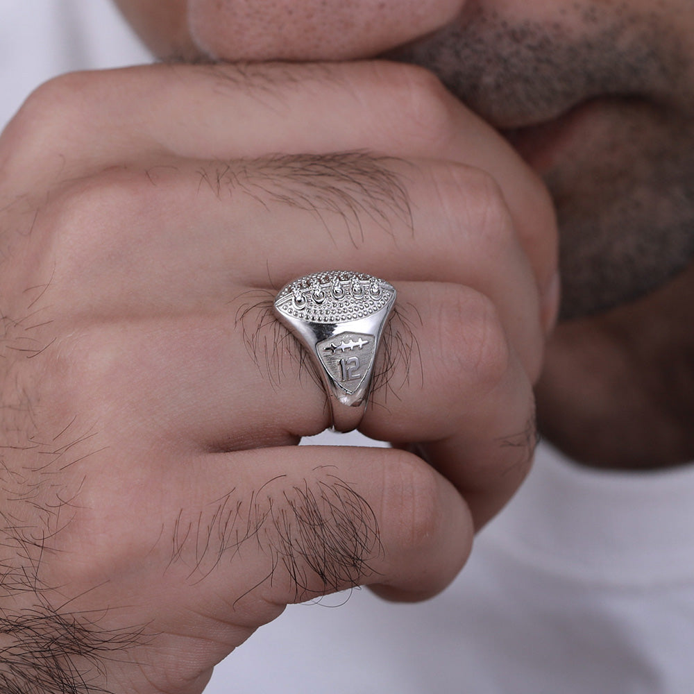 Personalized Silver Football Ring with Engraved Birthstone