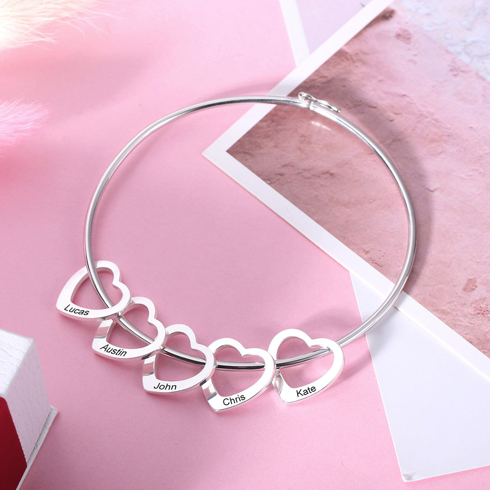 Personalized Bangle Bracelet with Heart/Round Pendants