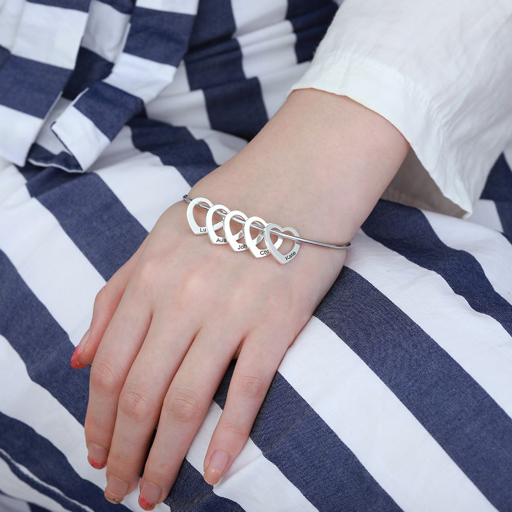 Personalized Bangle Bracelet with Heart/Round Pendants