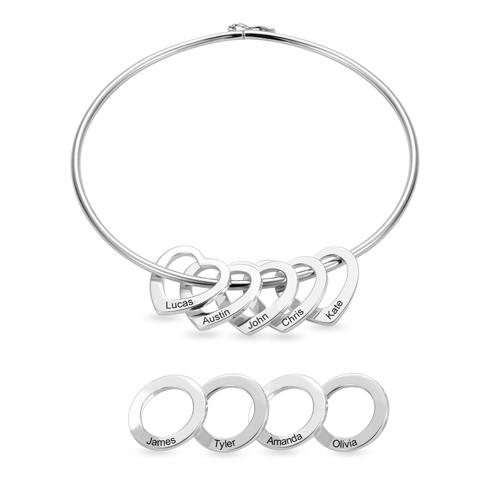 Personalized Bangle Bracelet with Heart/Round Pendants