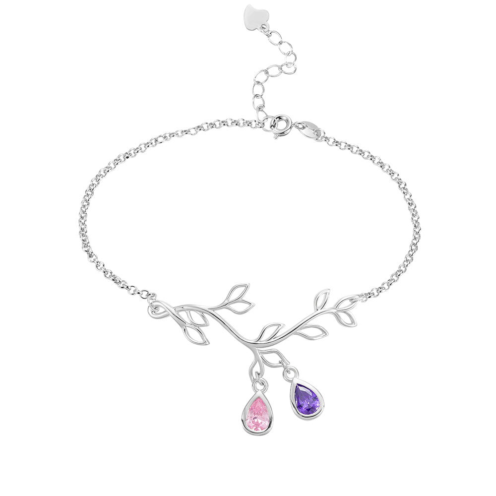 Custom Family Tree Branch Birthstone Bracelet Silver