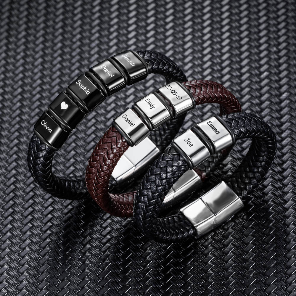Customizable Weave Leather Bracelet with 1-8 Engraved Name Beads, Family Name Jewelry, Birthday Father's Day Gift for Men