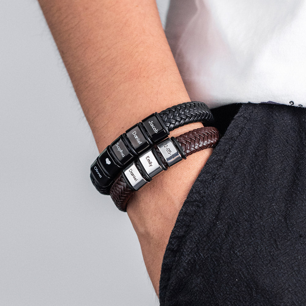 Customizable Weave Leather Bracelet with 1-8 Engraved Name Beads, Family Name Jewelry, Birthday Father's Day Gift for Men