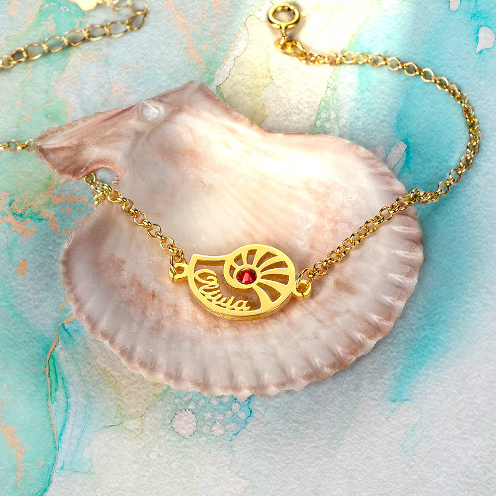 Personalized Name Conch Necklace and Bracelet with Birthstone in Gold