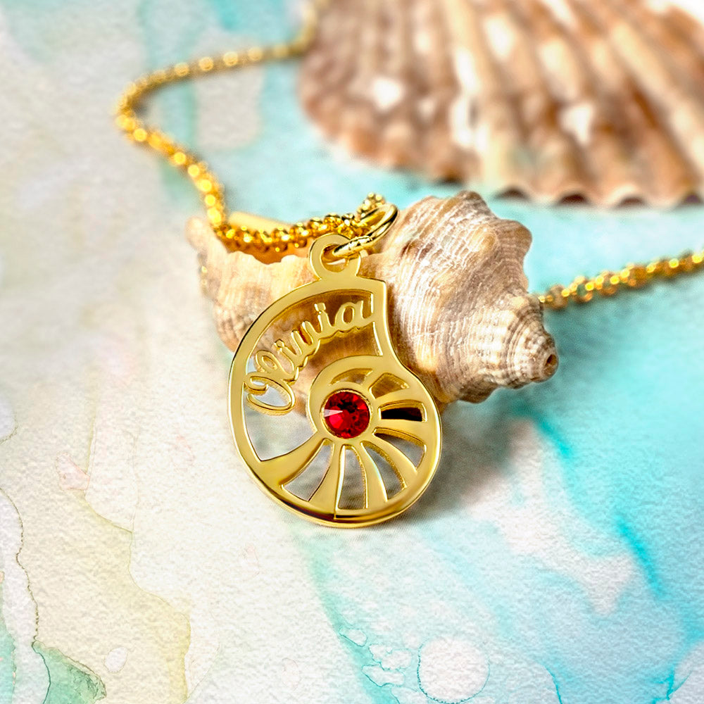 Personalized Name Conch Necklace and Bracelet with Birthstone in Gold