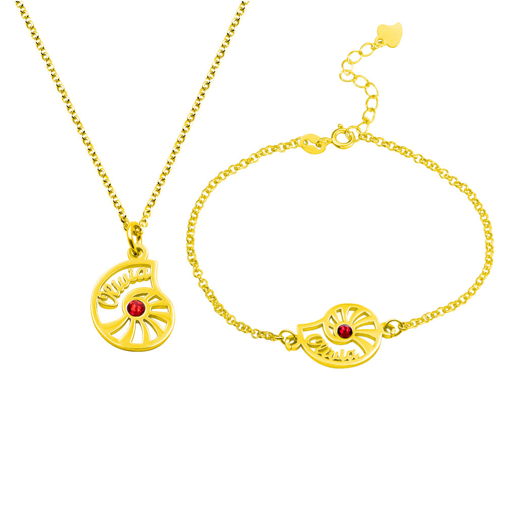 Personalized Name Conch Necklace and Bracelet with Birthstone in Gold