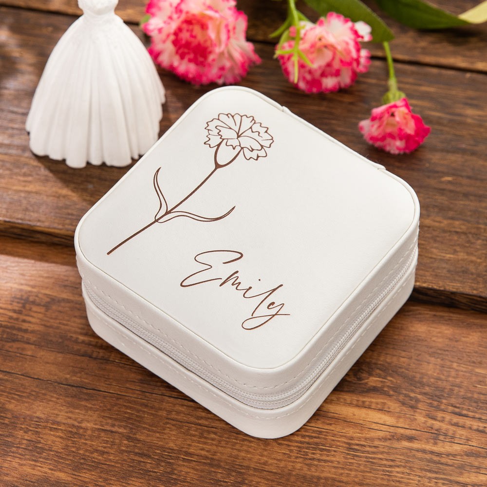 Custom Name Birth Flower Jewelry Travel Case, Vegan Leather Jewelry Organizer Box, Birthday/Mother's Day/Wedding Gift for Mother/Wife/Bridesmaids