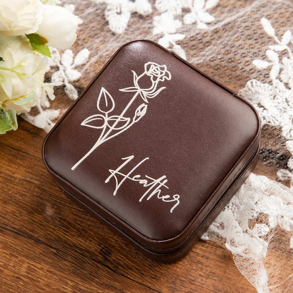 Custom Name Birth Flower Jewelry Travel Case, Vegan Leather Jewelry Organizer Box, Birthday/Mother's Day/Wedding Gift for Mother/Wife/Bridesmaids