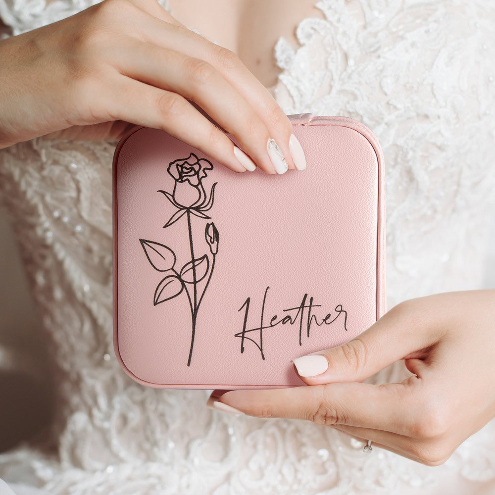 Custom Name Birth Flower Jewelry Travel Case, Vegan Leather Jewelry Organizer Box, Birthday/Mother's Day/Wedding Gift for Mother/Wife/Bridesmaids