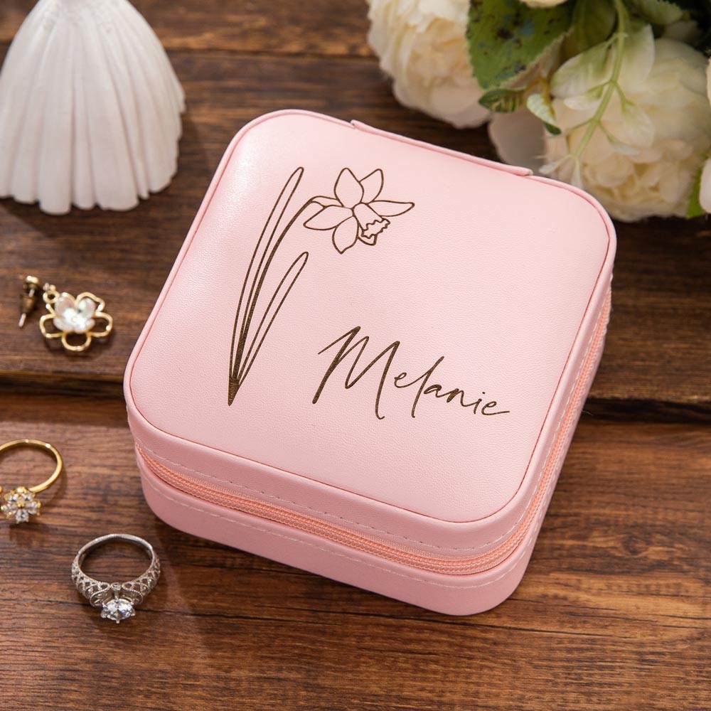 Custom Name Birth Flower Jewelry Travel Case, Vegan Leather Jewelry Organizer Box, Birthday/Mother's Day/Wedding Gift for Mother/Wife/Bridesmaids