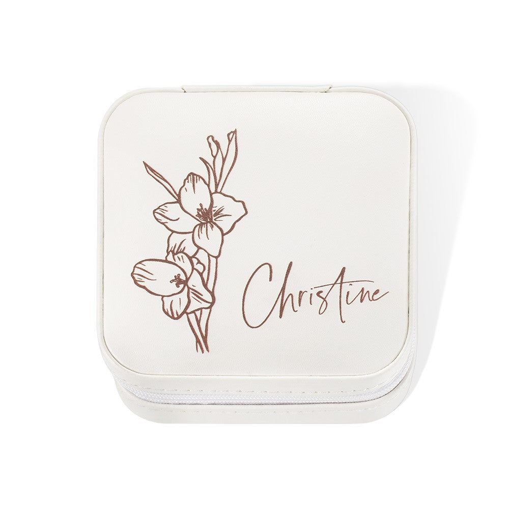 Custom Name Birth Flower Jewelry Travel Case, Vegan Leather Jewelry Organizer Box, Birthday/Mother's Day/Wedding Gift for Mother/Wife/Bridesmaids