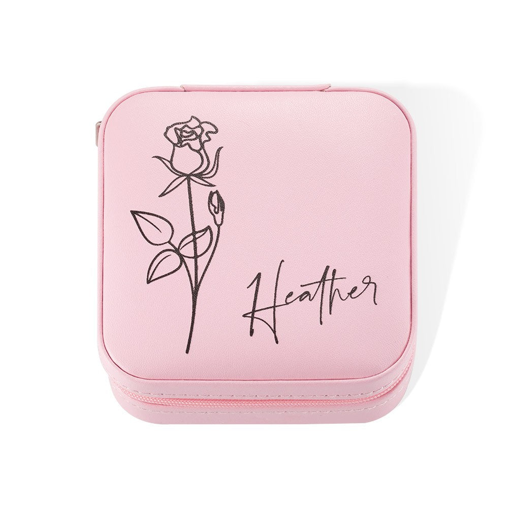 Custom Name Birth Flower Jewelry Travel Case, Vegan Leather Jewelry Organizer Box, Birthday/Mother's Day/Wedding Gift for Mother/Wife/Bridesmaids