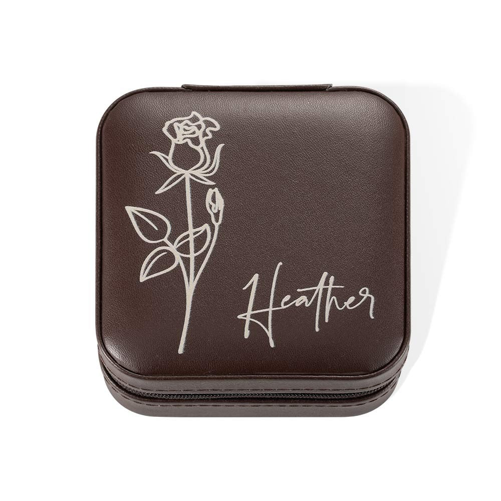 Custom Name Birth Flower Jewelry Travel Case, Vegan Leather Jewelry Organizer Box, Birthday/Mother's Day/Wedding Gift for Mother/Wife/Bridesmaids