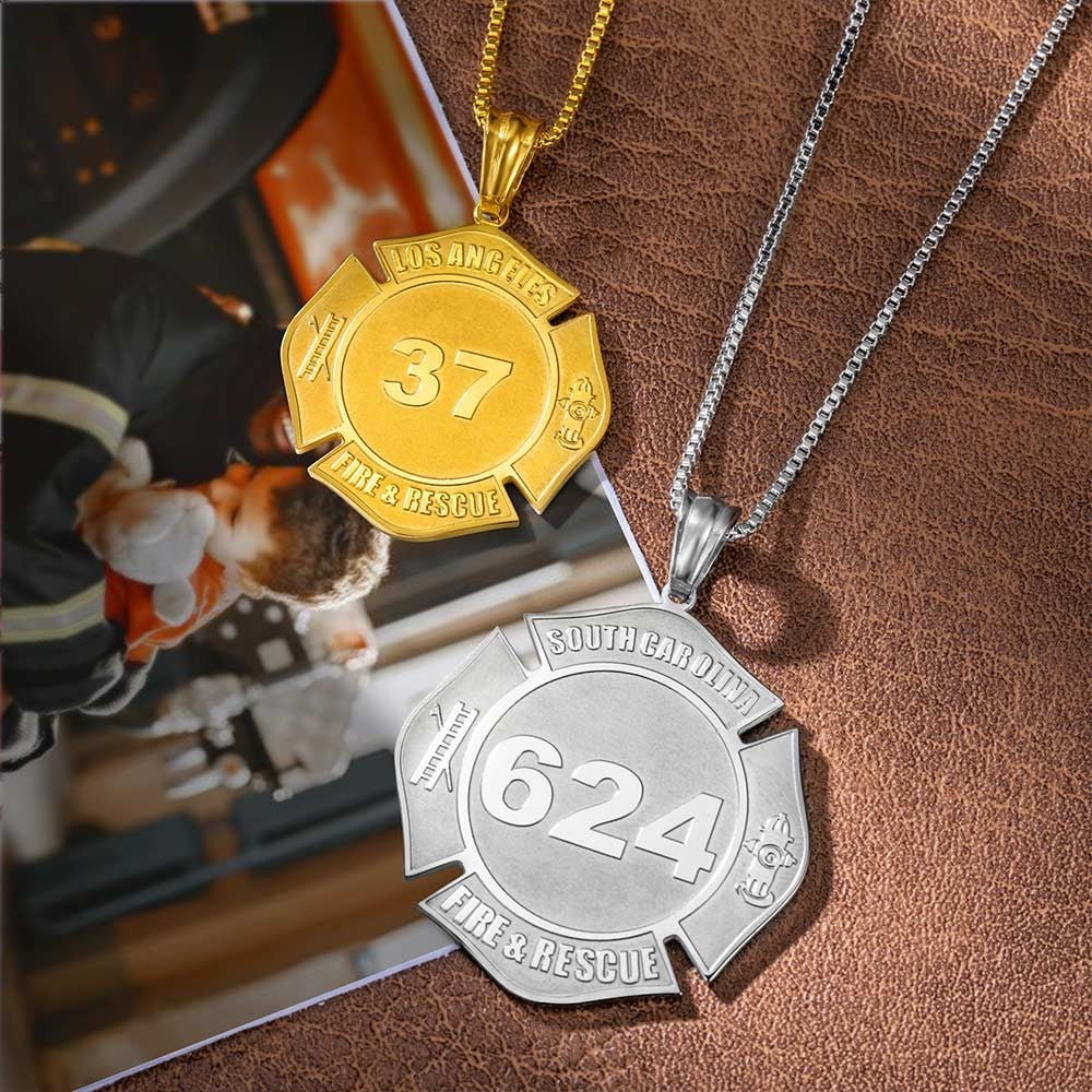 Custom Firefighter Necklace, Stainless Steel Necklace with Number & Department, Birthday/Father's Day/Graduation/Retirement Gift for Firefighter