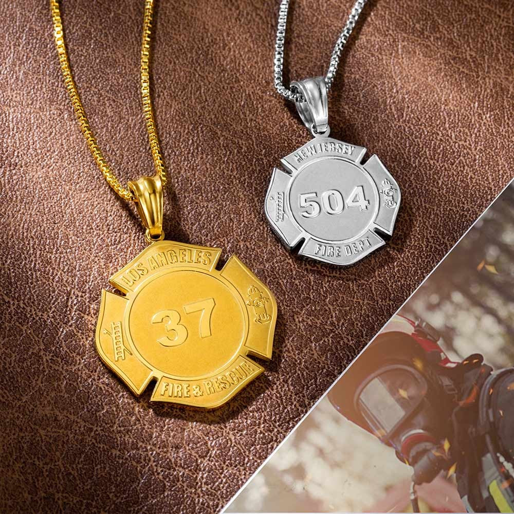 Custom Firefighter Necklace, Stainless Steel Necklace with Number & Department, Birthday/Father's Day/Graduation/Retirement Gift for Firefighter
