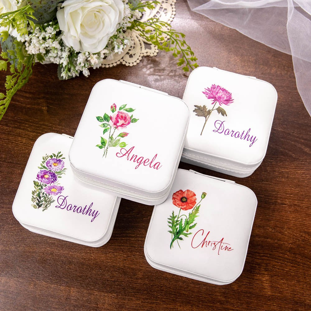 Jewelry Travel Case with Birth Flower, Custom Name White Jewelry Box for Earrings, Rings, Necklaces, Bracelet, Gifts for Bridesmaid/Girls/Mothers