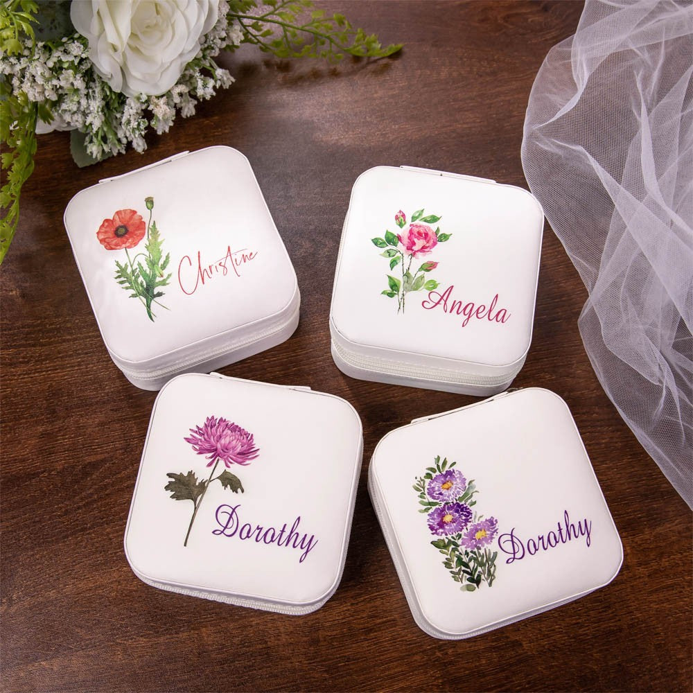 Jewelry Travel Case with Birth Flower, Custom Name White Jewelry Box for Earrings, Rings, Necklaces, Bracelet, Gifts for Bridesmaid/Girls/Mothers