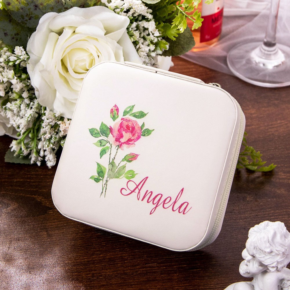 Jewelry Travel Case with Birth Flower, Custom Name White Jewelry Box for Earrings, Rings, Necklaces, Bracelet, Gifts for Bridesmaid/Girls/Mothers
