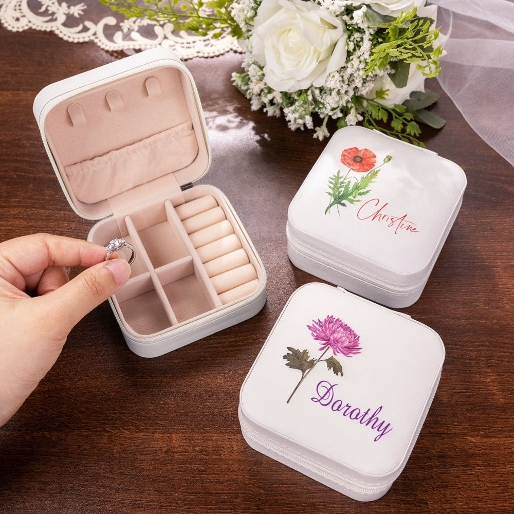 Jewelry Travel Case with Birth Flower, Custom Name White Jewelry Box for Earrings, Rings, Necklaces, Bracelet, Gifts for Bridesmaid/Girls/Mothers