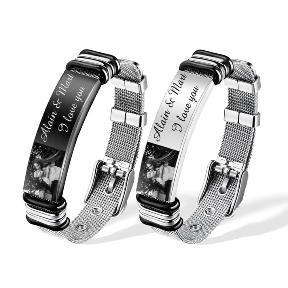 Personalized Photo and Engraved Text Stainless Steel Bracelet, Adjustable Men Bracelet, Father's Day Gift for Dad/Grandpa/Husband
