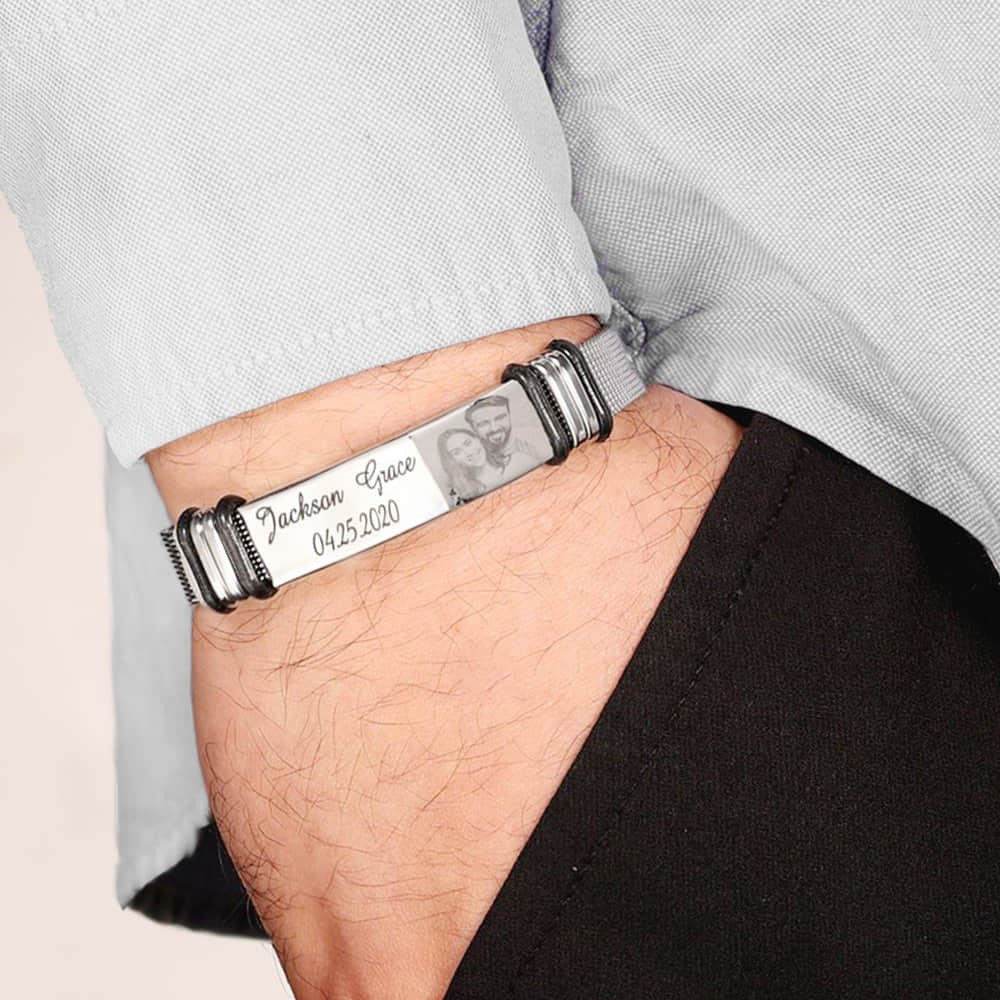 Personalized Photo and Engraved Text Stainless Steel Bracelet, Adjustable Men Bracelet, Father's Day Gift for Dad/Grandpa/Husband