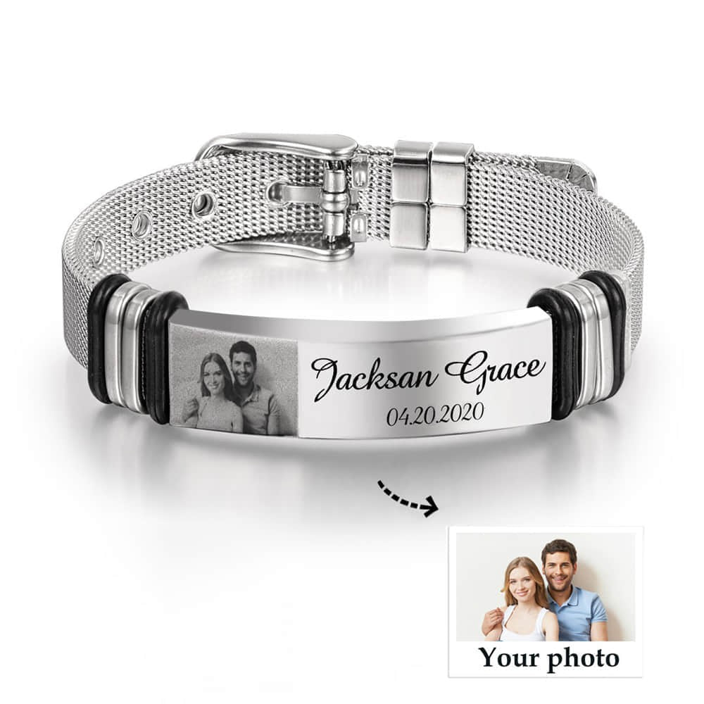 Personalized Photo and Engraved Text Stainless Steel Bracelet, Adjustable Men Bracelet, Father's Day Gift for Dad/Grandpa/Husband