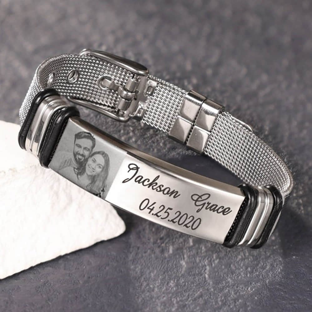 Personalized Photo and Engraved Text Stainless Steel Bracelet, Adjustable Men Bracelet, Father's Day Gift for Dad/Grandpa/Husband