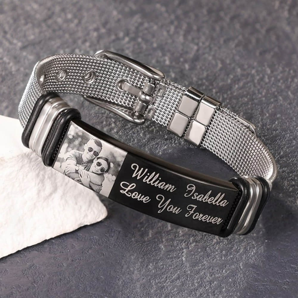 Personalized Photo and Engraved Text Stainless Steel Bracelet, Adjustable Men Bracelet, Father's Day Gift for Dad/Grandpa/Husband