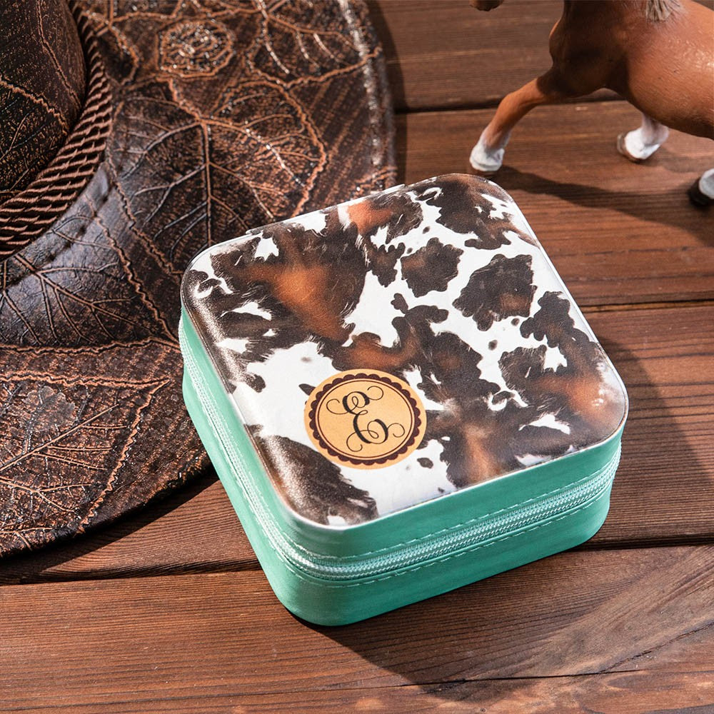 Custom Cowgirl Jewelry Box with Monogram, Vegan Leather Jewelry Travel Case Organizer Box, Birthday/Anniversary/Wedding Gift for Cowgirl/Cow Lover