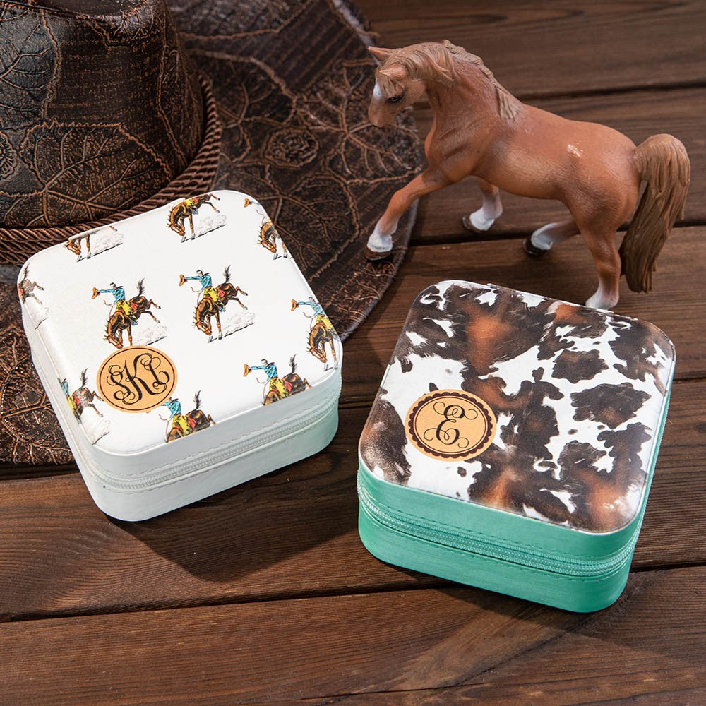 Custom Cowgirl Jewelry Box with Monogram, Vegan Leather Jewelry Travel Case Organizer Box, Birthday/Anniversary/Wedding Gift for Cowgirl/Cow Lover