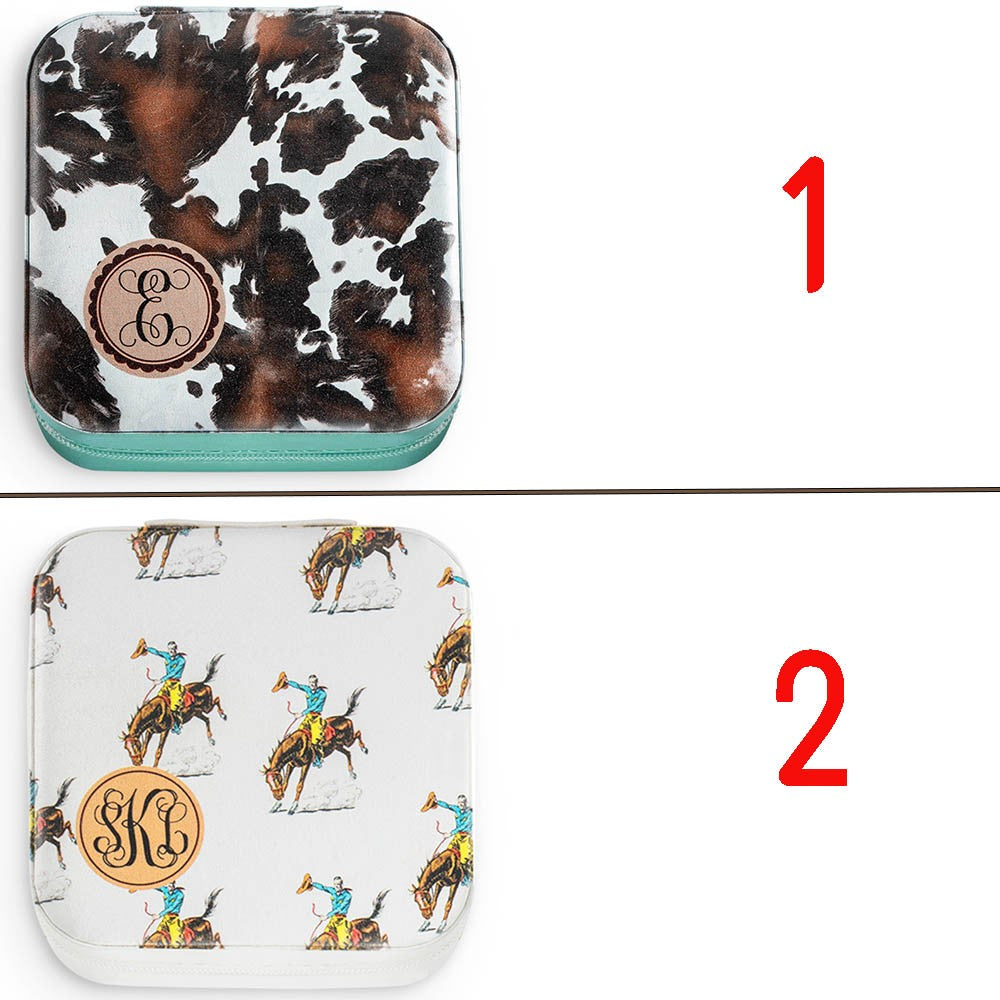 Custom Cowgirl Jewelry Box with Monogram, Vegan Leather Jewelry Travel Case Organizer Box, Birthday/Anniversary/Wedding Gift for Cowgirl/Cow Lover