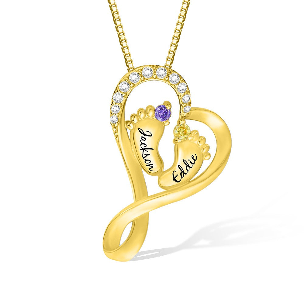 Baby Name Necklace with 2 Custom Footprints, Twins Birthstone Heart Necklace Gift for New Mom