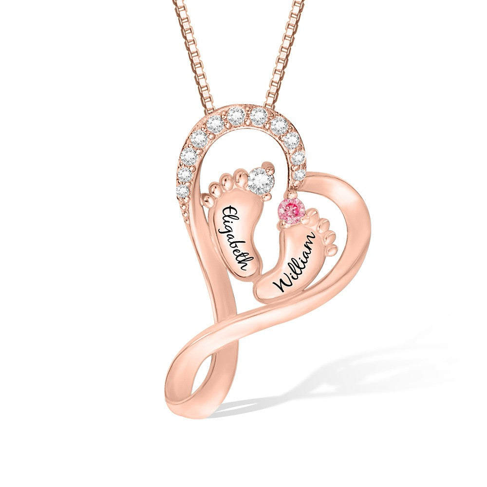 Baby Name Necklace with 2 Custom Footprints, Twins Birthstone Heart Necklace Gift for New Mom